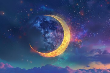 Obraz premium Shiny decorative moon on a colored background for Muslim community festival Eid Mubarak.