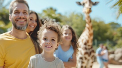 Obraz premium Happy kid with family enjoying special day at the zoo.