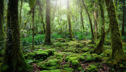 A lush, sunlit forest with moss-covered rocks and trees, offering a serene and vibrant natural scene perfect for nature-themed backgrounds or environmental projects.