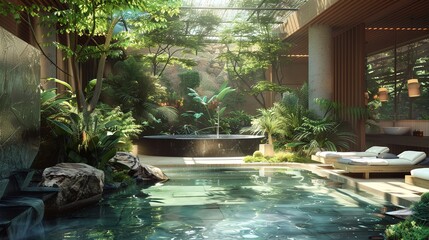 Fototapeta premium Luxurious Spa Retreat with Indoor Pool and Lush Greenery. generative ai illustration.