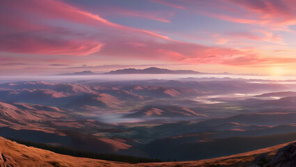 A stunning, panoramic view of a vast, sweeping landscape at dawn