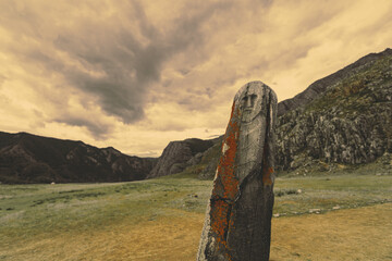 stone depicting a male face ancient Scythian period, The archaeological complex of Adyr-Kahn, Altai...