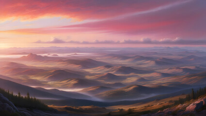 A stunning, panoramic view of a vast, sweeping landscape at dawn