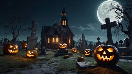 Scary castle at night, haunted place on Halloween. Dark scene with Gothic castle, gloomy palace in full moon. Spooky view of mystery mansion, castle and