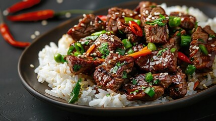 Grilled beef served with rice. Garlic butter beef steak bites with rice, traditional barbecue dish.
