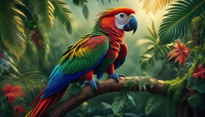 Fototapeta premium a vibrant macaw parrot, perched on a rainforest branch, with intricate feather