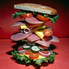 A sandwich with deli meats, cheese, and veggies flying apart