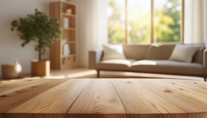 A spacious wooden table in a sunlit room with a scenic view, ideal for designers to use as a mockup background for product or interior design presentations.