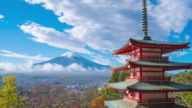 4K Time lapse of Mount Fuji with Chureito Pagoda at sunrise in autumn, Fujiyoshida, Japan on morning. Fuji with Chureito at Fujiyoshida city.