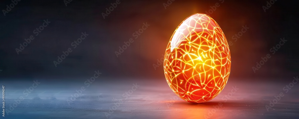 Wall mural A chicken egg with intricate, glowing patterns, set against a smooth, dark background, placed on the right side