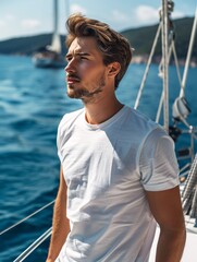 Fototapeta premium Attractive male in pristine t-shirt engaging in activities on a boat.