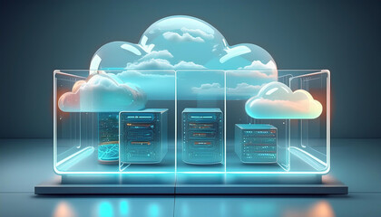 A digital cloud computing concept featuring data storage, security, and technology icons, perfect for illustrating modern cloud services and tech infrastructure.