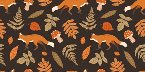 Autumn cozy folk pattern with a fox and autumn leaves and plants