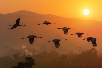 The majestic flight of cranes against the backdrop of a scenic valley. - Powered by Adobe