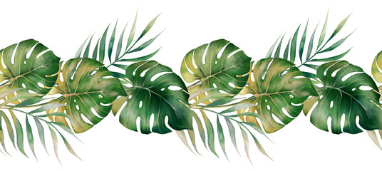 Tropical palm and monstera leaves. Botanical illustration. Green seamless border