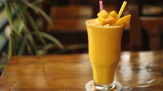 Refreshing Hasty Mango Shake in a Glass with Straw and Mint Garnish