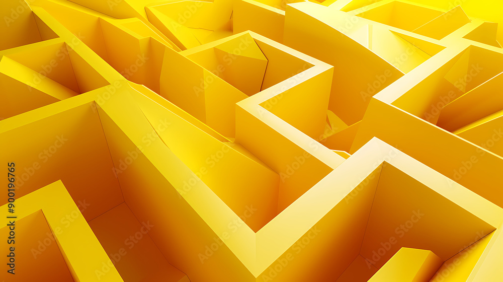Aufkleber Abstract folded paper effect. Bright colorful yellow background. Maze made of paper. 3d rendering