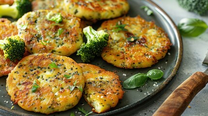 Healthy vegetable patties, pancakes with parmesan and mozzarella cheese, fried broccoli fritters