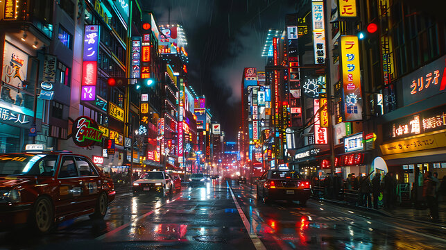 Fototapeta A night of the neon street at the downtown in Shinjuku Tokyo wide shot