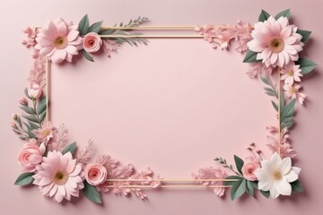 Fototapeta premium white pink floral frame with delicate blossom and green leaves for spring card design on pink background