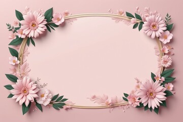 Obraz premium white pink floral frame with delicate blossom and green leaves for spring card design on pink background