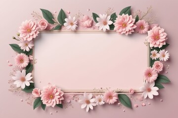 white pink floral frame with delicate blossom and green leaves for spring card design on pink background
