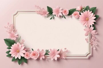 white pink floral frame with delicate blossom and green leaves for spring card design on pink background