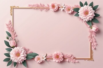 white pink floral frame with delicate blossom and green leaves for spring card design on pink background
