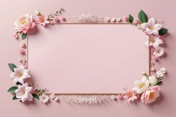white pink floral frame with delicate blossom and green leaves for spring card design on pink background