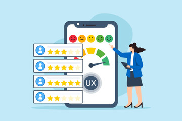 User experience evaluation, assessing customer journey, enhancing satisfaction, UX analysis concept vector illustration. Business analyst reviewing feedback and personas