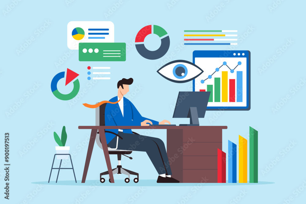 Poster business analyst creating data visualization with chart and graph, visual analytics concept vector i