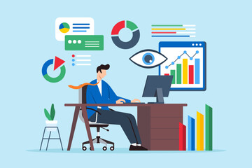 Business analyst creating data visualization with chart and graph, visual analytics concept vector illustration