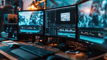Fototapeta premium Close-Up Photo of Video Editing on Dual Monitors in Studio