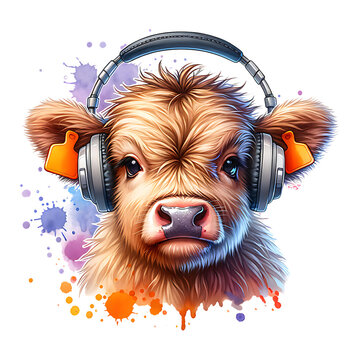 Highland cow wearing headphones 
