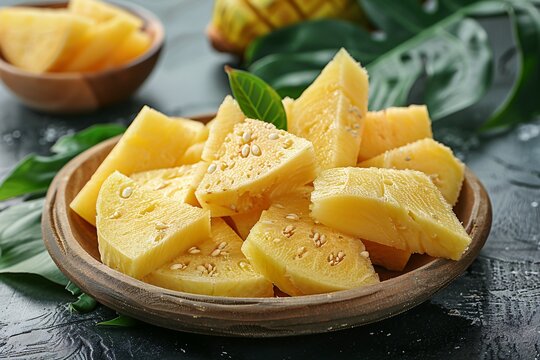 Segments of cooked breadfruit arranged on a dish against a deep backdrop.
