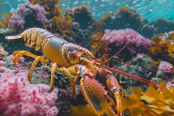 Vibrant lobster in its natural sea habitat.