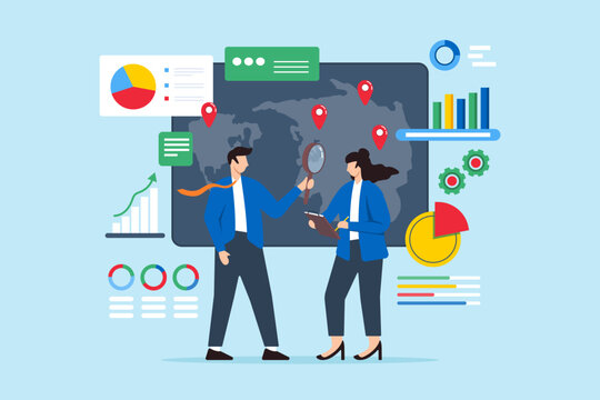 Planning and executing market entry, evaluating opportunities and expansion concept vector illustration. Business analyst analyzing strategy