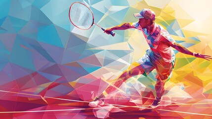 Obraz premium Polygonal professional badminton player on colorful low poly. 