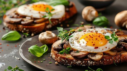 A simple breakfast of fried eggs on mushrooms, Mushrooms and fried eggs on toast, with a light salad