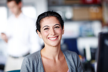 Business, creative woman and portrait in office for career growth, professional and smile. Female...