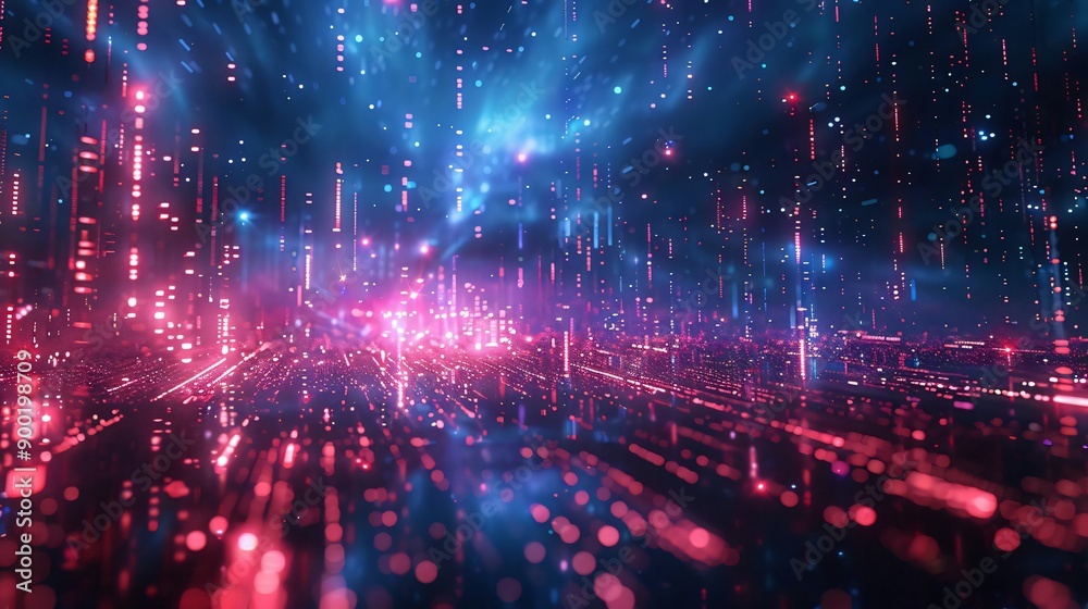 Wall mural an abstract digital landscape with vibrant colors, glowing lines and particles creating a futuristic