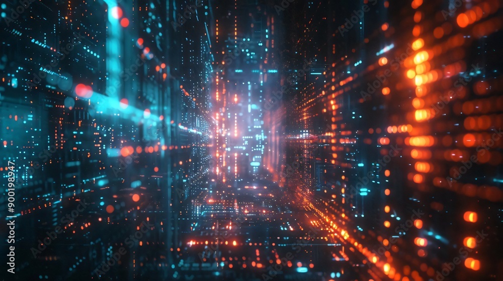 Poster dynamic digital background featuring vibrant light patterns and futuristic data visualization in mot