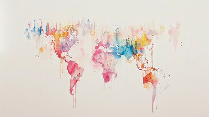 Watercolor World Map with Colorful Cityscape Silhouettes