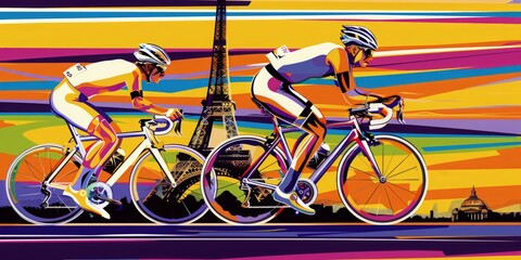 Title:
"Racing Pulses: Cyclists in a Sprint Past the Eiffel Tower, Paris in a Burst of Vibrant Hues