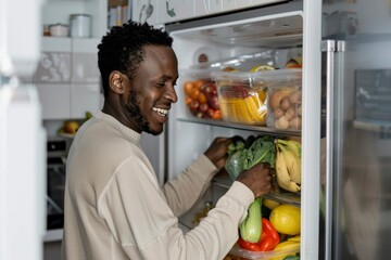 Man Reaching for Produce in a Refrigerator