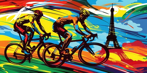 Title:
"Racing Pulses: Cyclists in a Sprint Past the Eiffel Tower, Paris in a Burst of Vibrant Hues