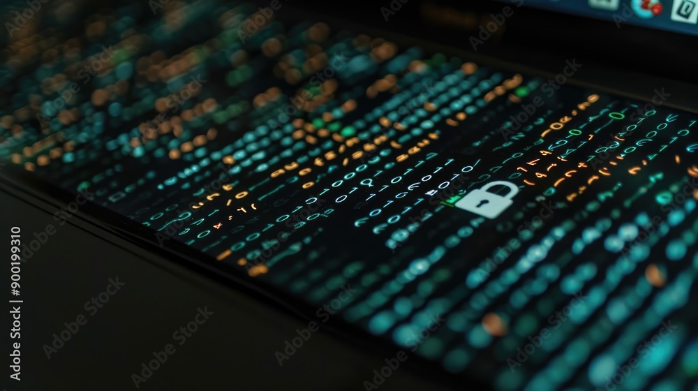 Fototapete detailed macro photo of secure software code with emphasis on security lock symbol