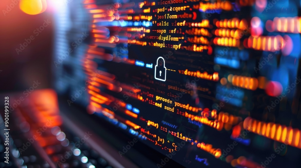 Fototapete detailed macro photo of secure software code with emphasis on security lock symbol
