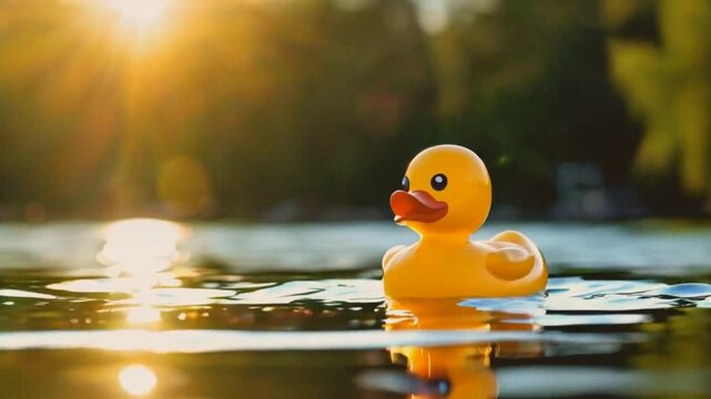 Rubber Duck Floating in Lush Green Reeds