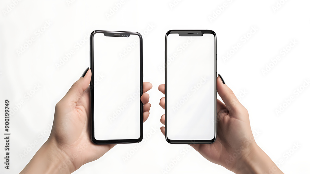 Poster hand holding the black smartphone with blank screen and modern frame less design on yellow colour ba